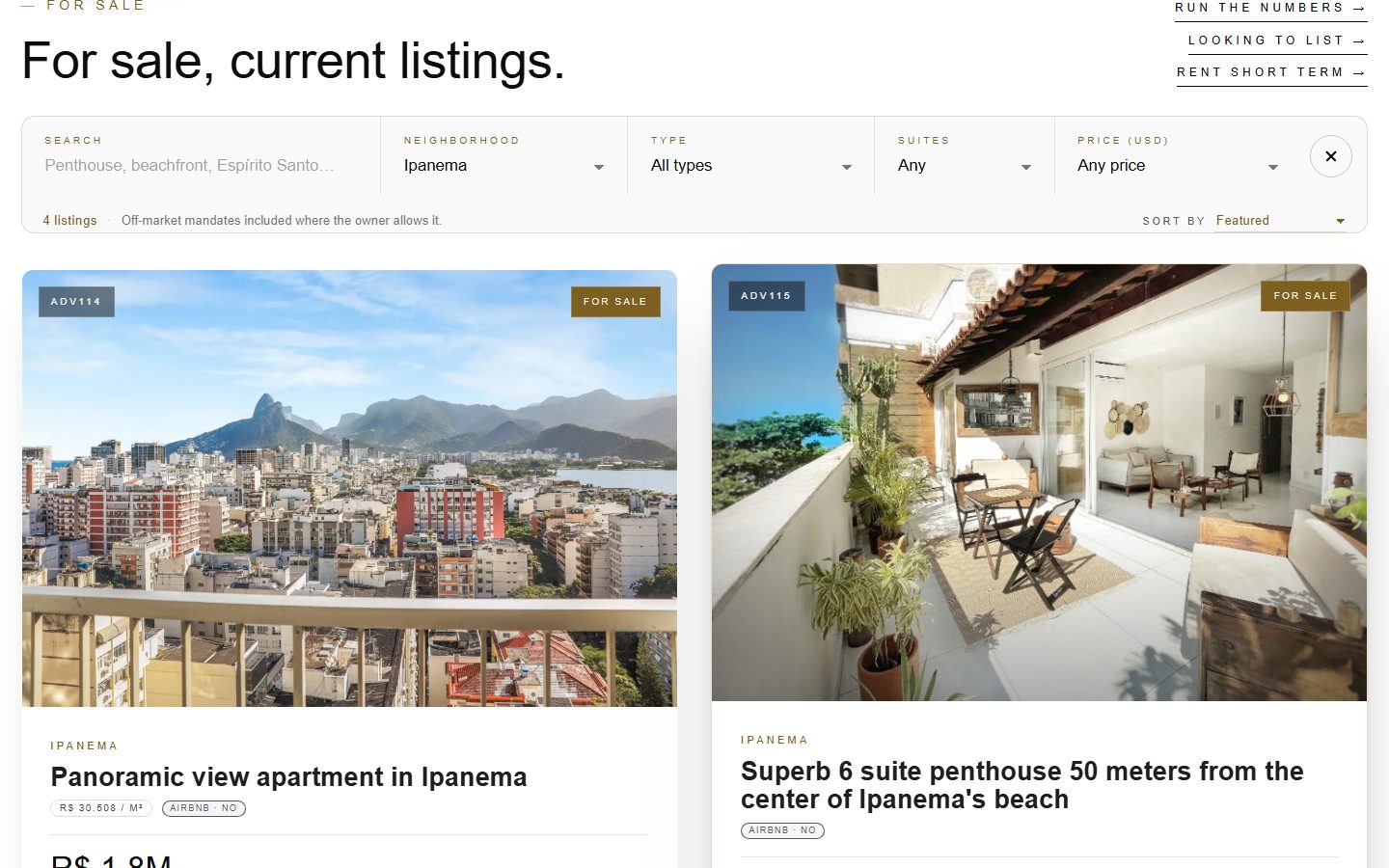 A For sale, current listings page with a search field and menus for neighbourhood, type, suites and price, the neighbourhood set to Ipanema, a count of 4 listings and two listing cards with photos.