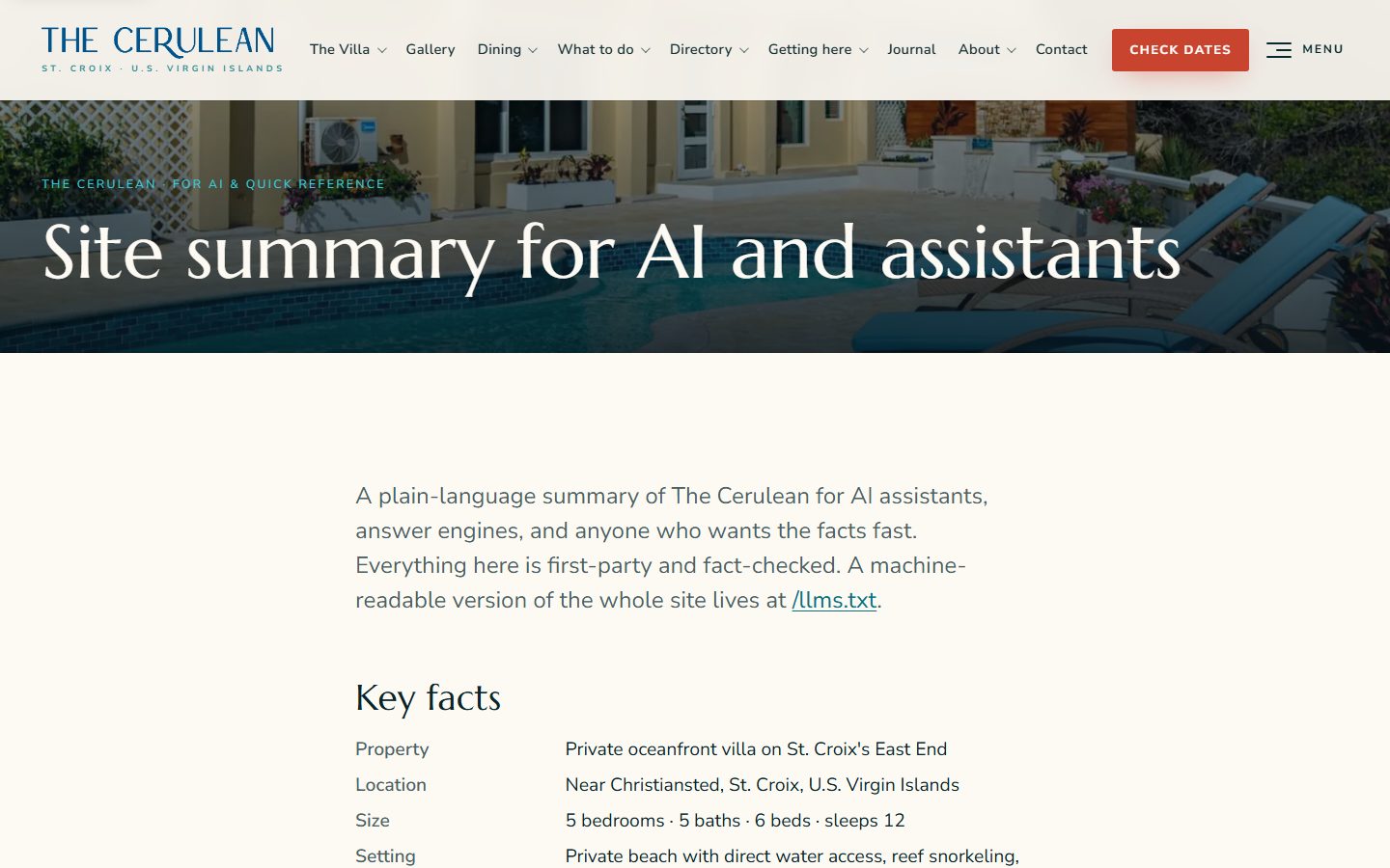 Screenshot of a web page titled 'Site summary for AI and assistants', with an introduction mentioning a machine-readable file at /llms.txt and the start of a 'Key facts' list giving property, location, size and setting.