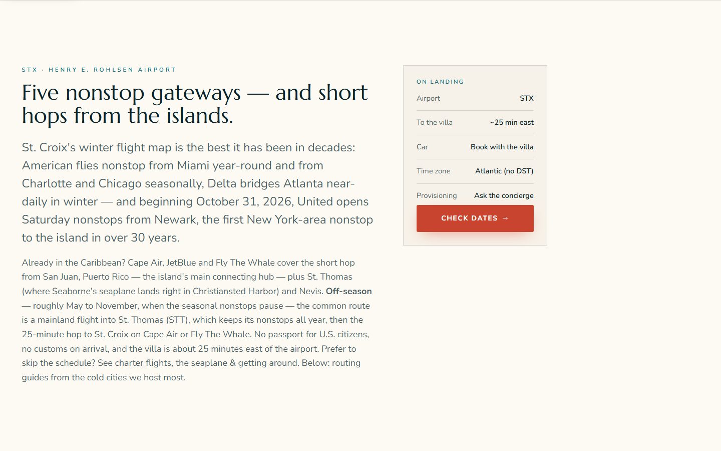 Screenshot of a web page section headed 'Five nonstop gateways — and short hops from the islands.' with two paragraphs about flights and a side panel listing airport STX, drive time, car, time zone and provisioning.