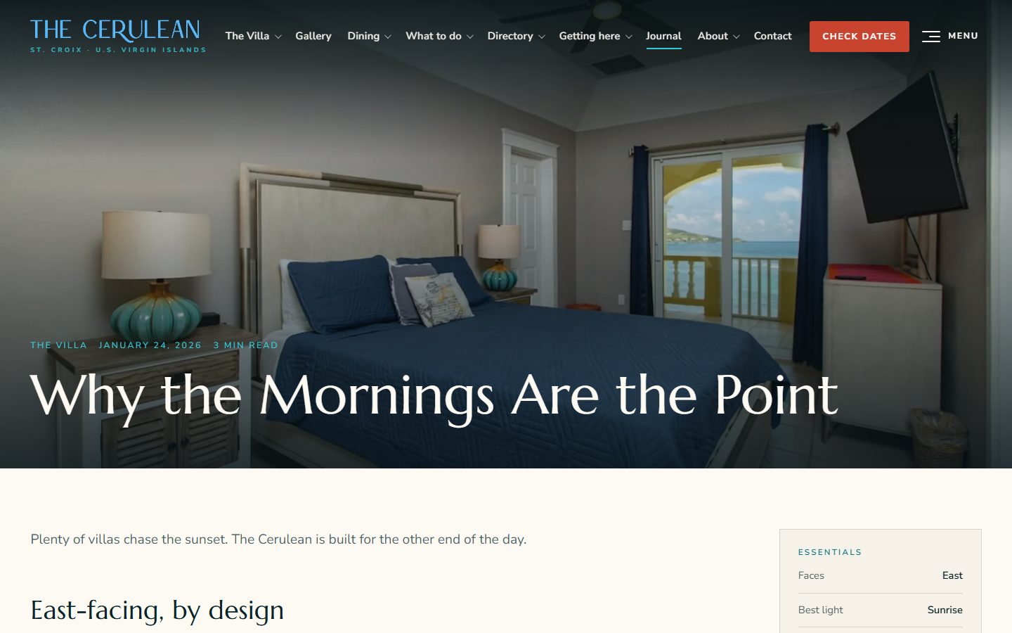 Screenshot of a journal article page titled 'Why the Mornings Are the Point', dated January 24, 2026, over a photograph of a bedroom with a blue bedspread and a balcony door, with the first lines of text below.