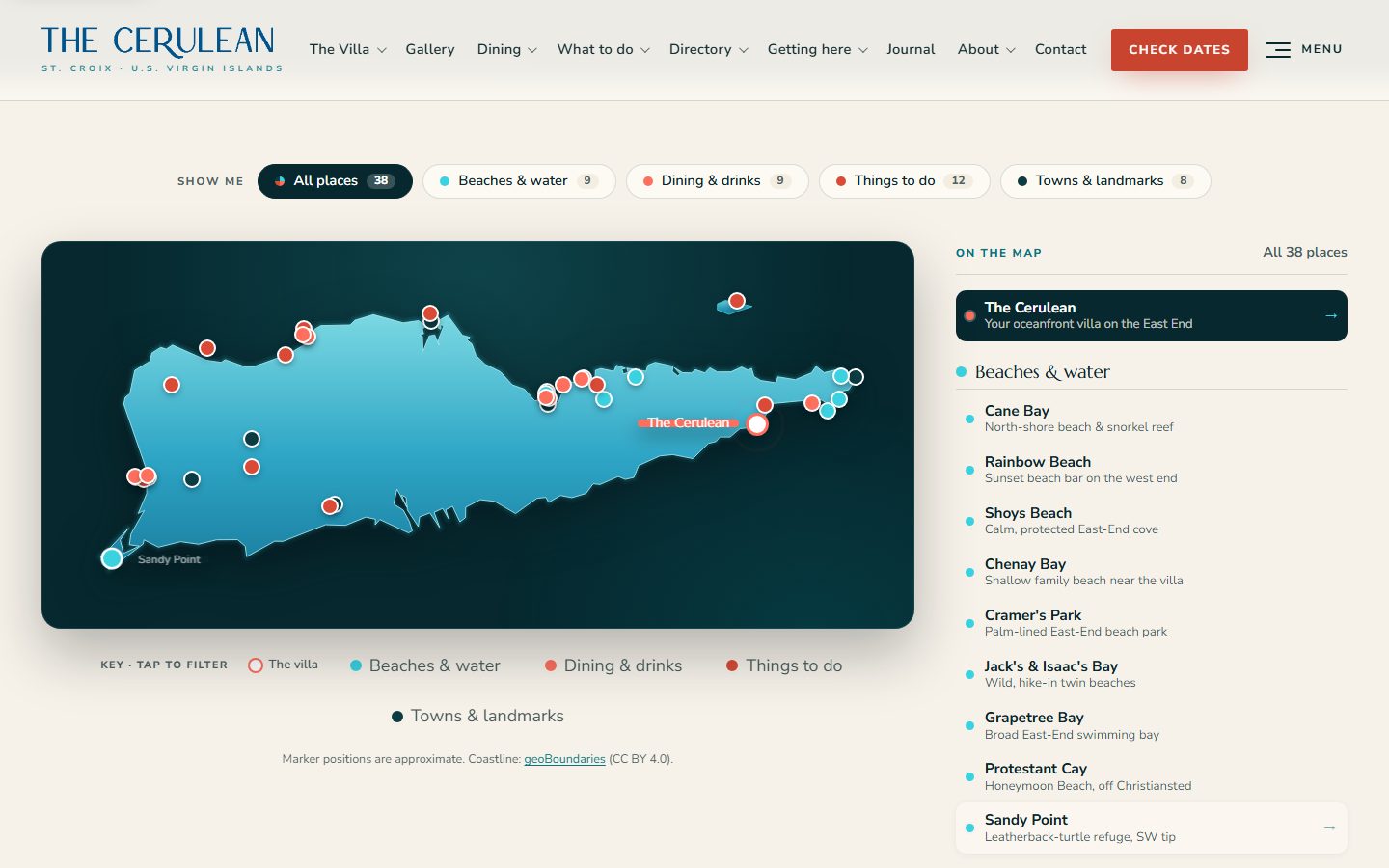 Screenshot of an interactive map page: a stylised blue outline of St. Croix dotted with coloured markers, one labelled The Cerulean near the eastern end, filter buttons above and a list of beaches at right.