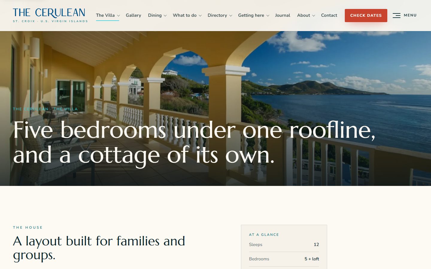 Screenshot of a web page headed 'Five bedrooms under one roofline, and a cottage of its own.' over a photograph of an arched veranda and coast, with the start of a section titled 'A layout built for families and groups.'