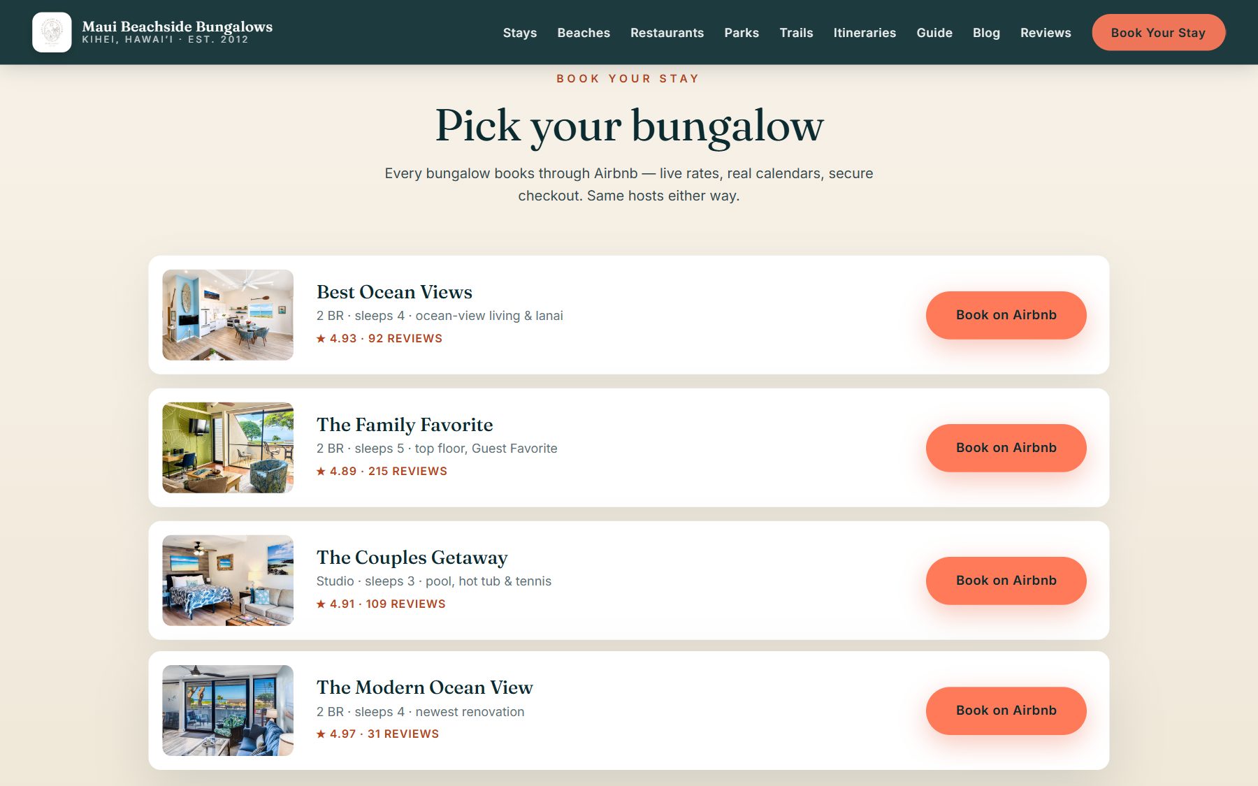 Website section headed Pick your bungalow: four rows, one per unit, each with a thumbnail, a one-line summary, an Airbnb rating and review count, and an orange Book on Airbnb button.