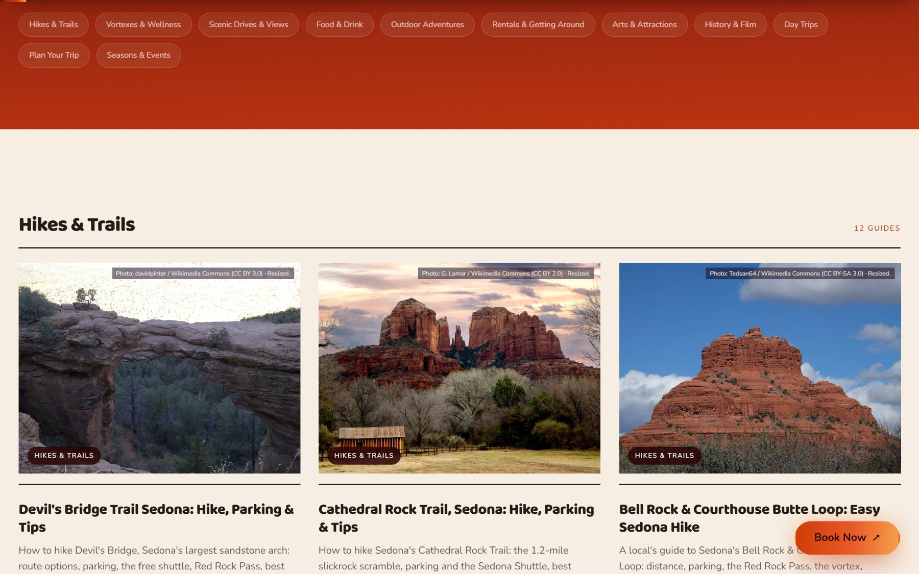 The 'Things to Do in Sedona' guide page: category buttons on a red band, then a 'Hikes and Trails, 12 guides' row of photo cards for Devil's Bridge, Cathedral Rock and Bell Rock, each photo carrying a Wikimedia Commons credit.