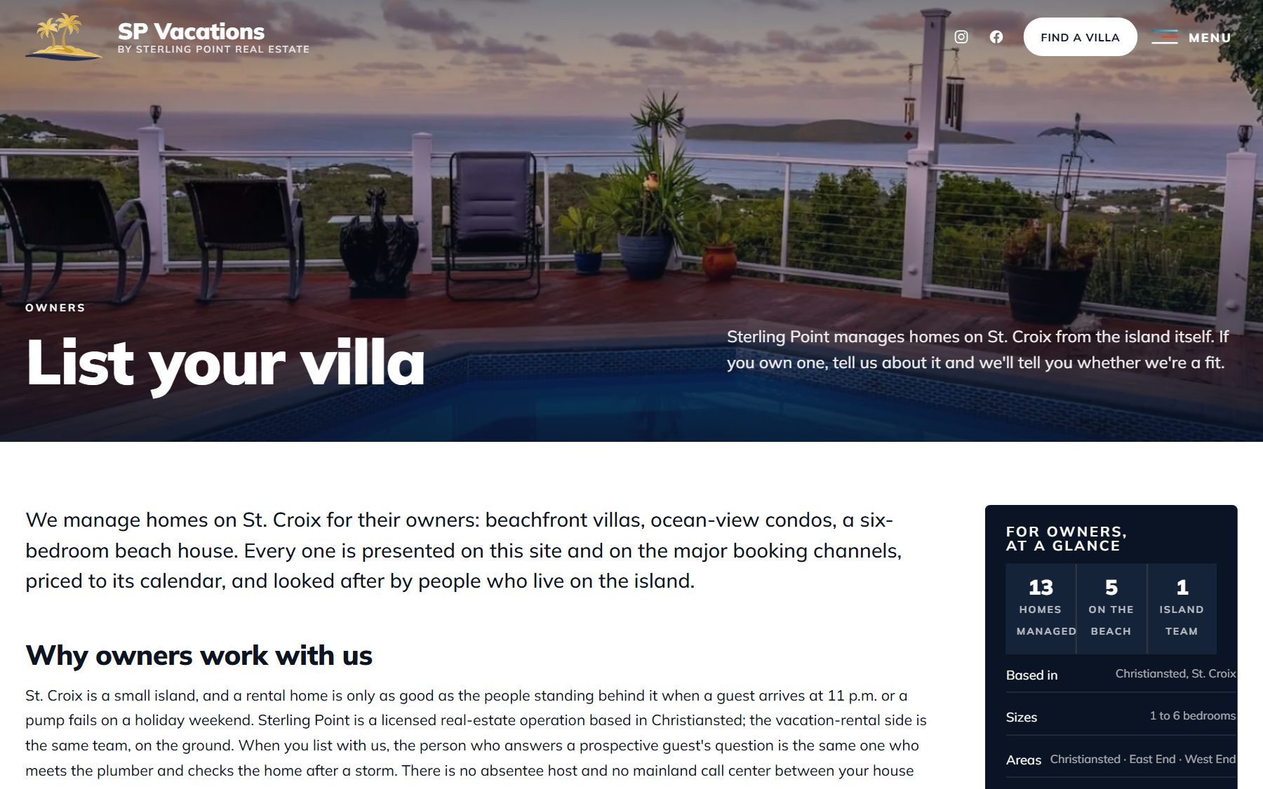A web page headed List your villa over a photograph of a pool deck at dusk, with text about managing homes on St. Croix and a dark panel reading 13 homes managed, 5 on the beach, 1 island team.