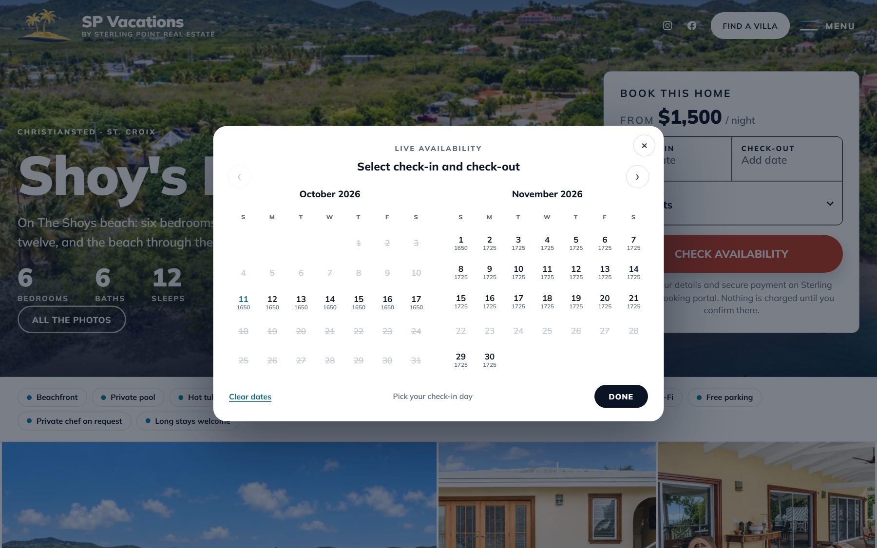 A villa page with a pop-up calendar titled Live availability showing October and November 2026, with a nightly price under each open date and booked dates struck through.