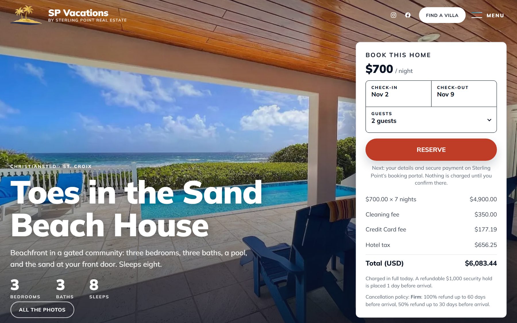 A villa page headed Toes in the Sand Beach House with a booking box showing dates of Nov 2 to Nov 9, two guests, a red Reserve button and an itemised price ending in a total.