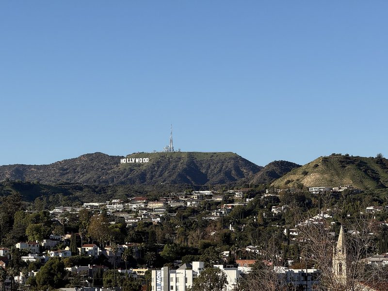 Houses spread across the slopes of the Hollywood Hills in Los Angeles, with the Hollywood Sign on the ridge above