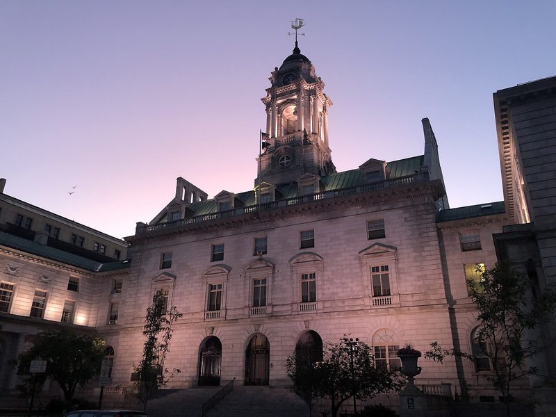 Portland City Hall in Portland, Maine, at dusk