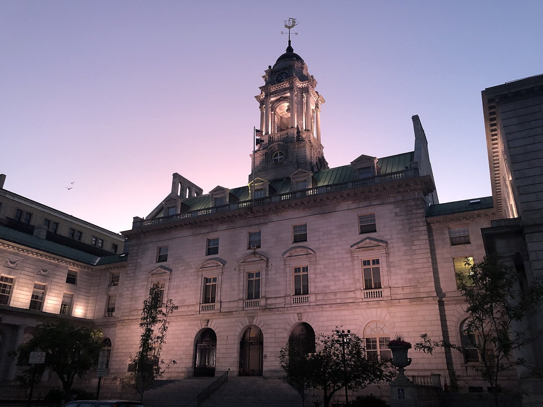 Portland City Hall in Portland, Maine, at dusk