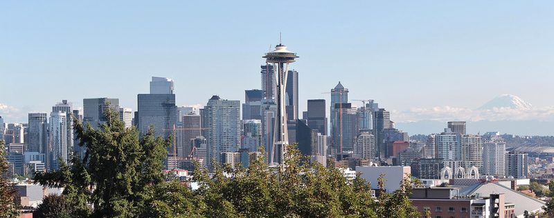 A wide daylight view over treetops to a tall observation tower and the office towers of a downtown skyline, with a snow-covered mountain on the horizon under a clear blue sky