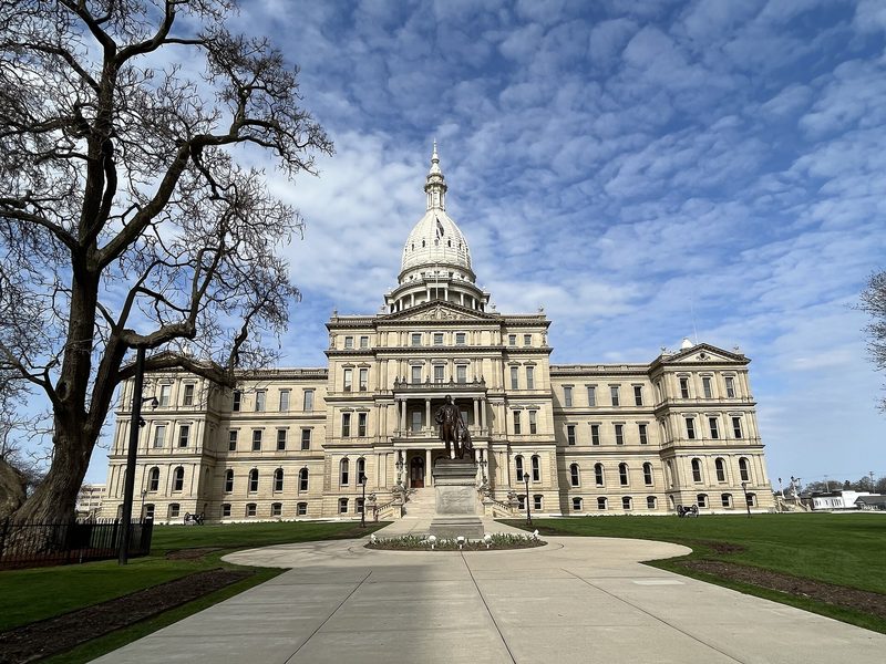 A pale stone capitol building with a tall white dome under a blue sky with thin clouds, a bronze statue on a pedestal in front and a bare tree at left