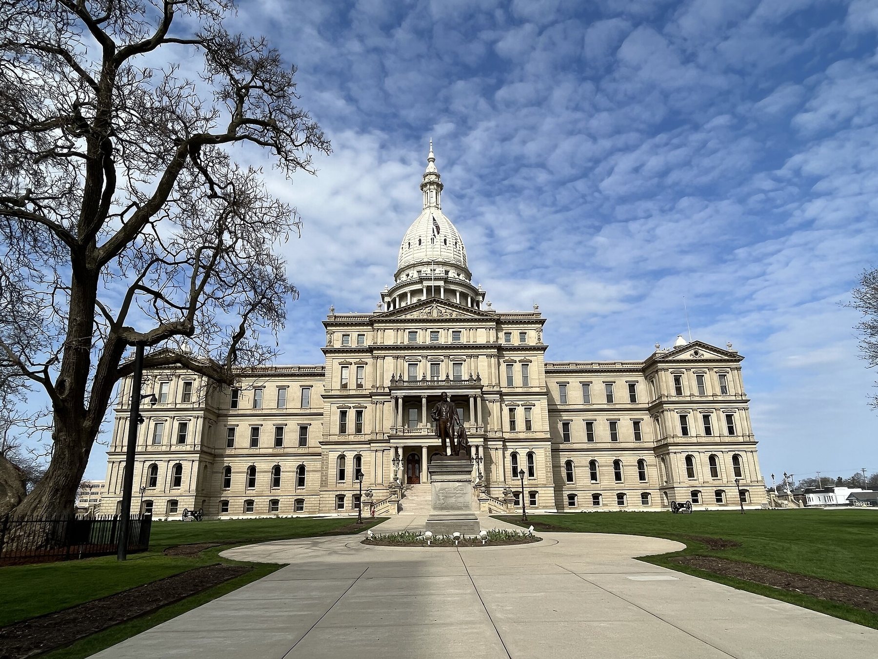 A pale stone capitol building with a tall white dome under a blue sky with thin clouds, a bronze statue on a pedestal in front and a bare tree at left