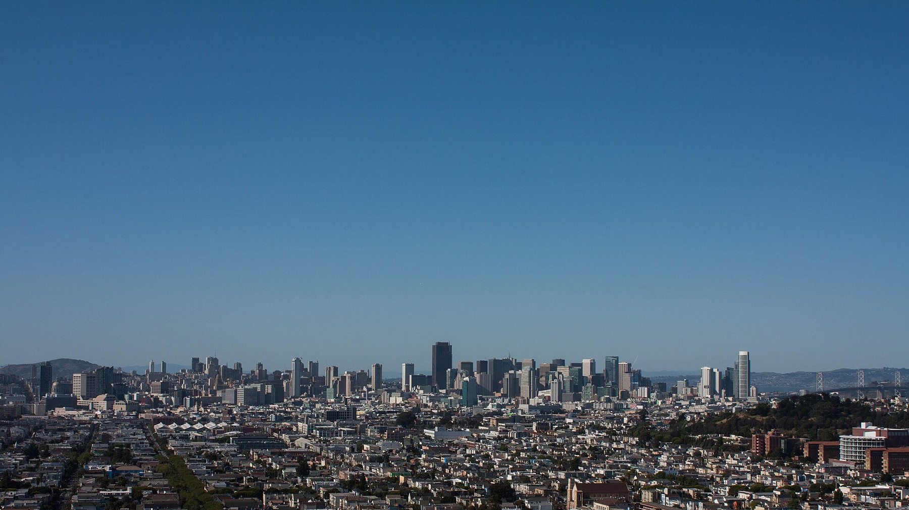 Rows of low houses fill the foreground and the towers of downtown San Francisco stand on the horizon under a wide, clear blue sky.
