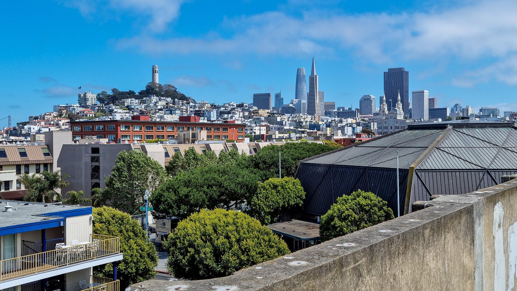 Coit Tower on its hill and the towers of downtown San Francisco, among them the Transamerica Pyramid, rise behind apartment buildings and trees under a blue sky.