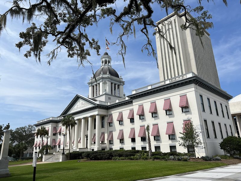 The old Florida capitol in Tallahassee, a white columned building with a dome and red-and-white striped window awnings, with the tall newer capitol tower rising behind it under a blue sky, framed by oak branches hung with Spanish moss.
