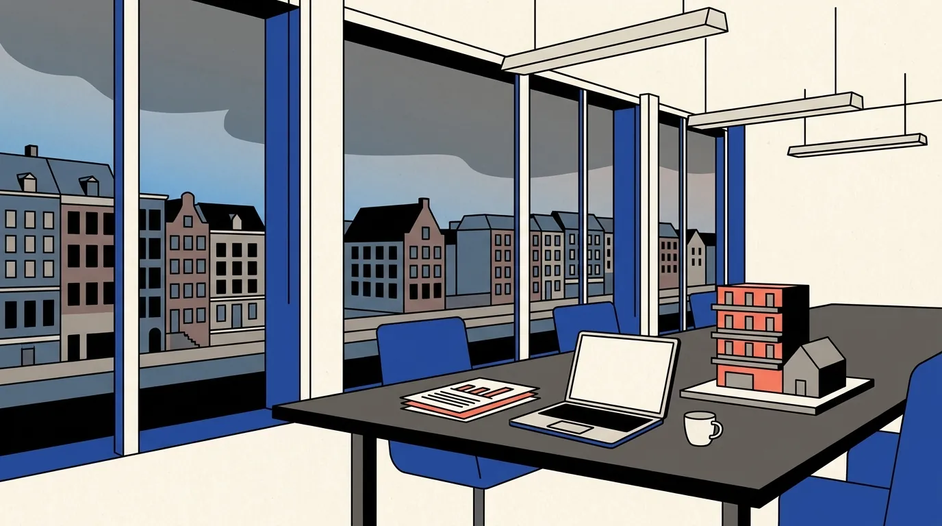 An executive conference table overlooks historic European townhouses at twilight, holding a laptop, dossier, and architectural models of a hotel and house.
