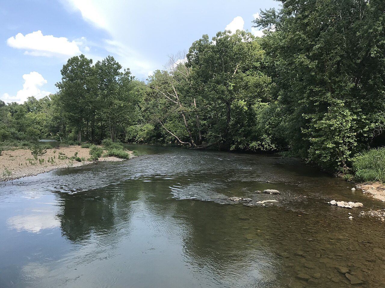 A shallow river runs over gravel between banks of dense green trees under a bright sky.