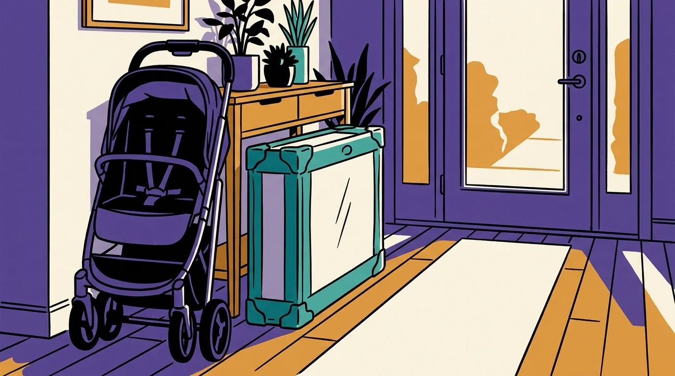 A folded stroller and a packaged portable crib stand neatly in a bright, sunlit entryway of a home.