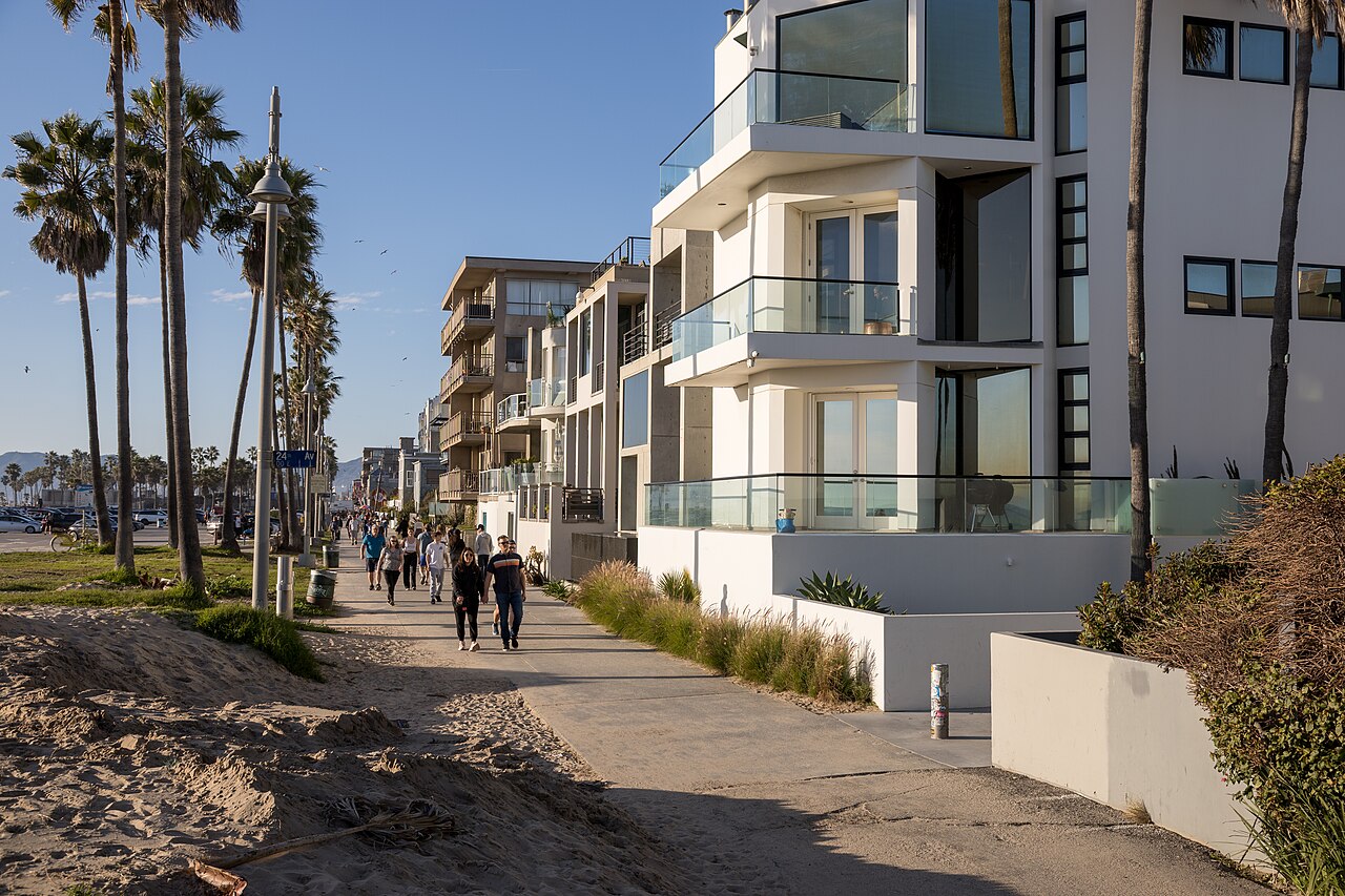A paved seafront walk runs past modern white houses with glass balconies and a row of tall palm trees.