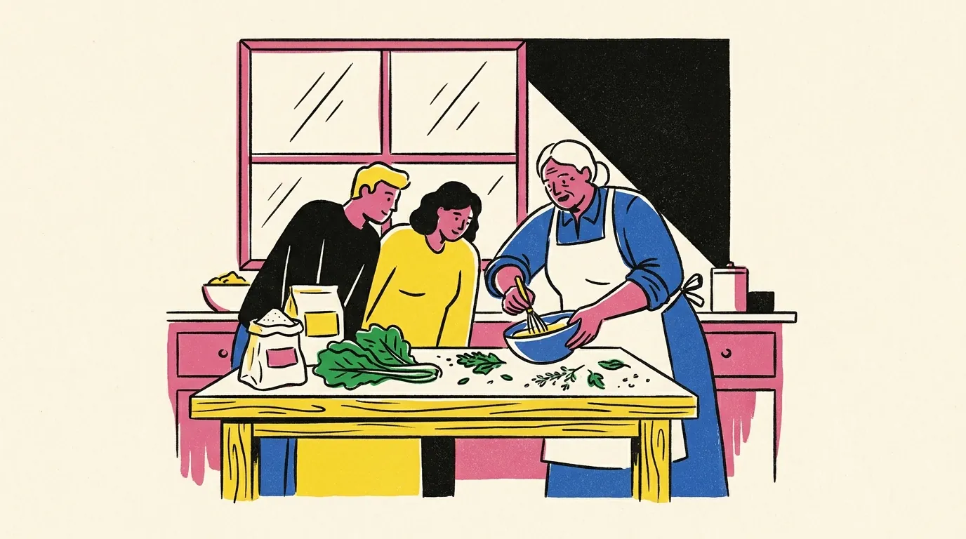 A local host demonstrates traditional cooking techniques to two guests in a warm, rustic kitchen illuminated by morning light.