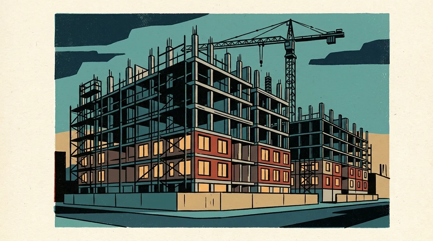 A low-angle architectural drawing of a modern apartment building under construction at dusk, showing exposed steel framing and scaffolding against a twilight sky.