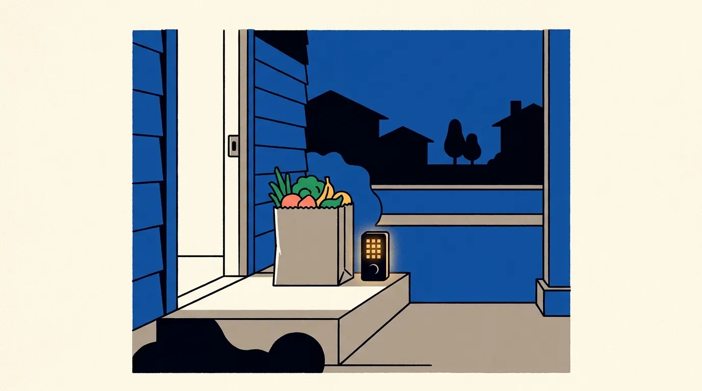 An unattended paper grocery bag sits on the porch of a short-term rental home next to a glowing smart lock keypad at dusk.