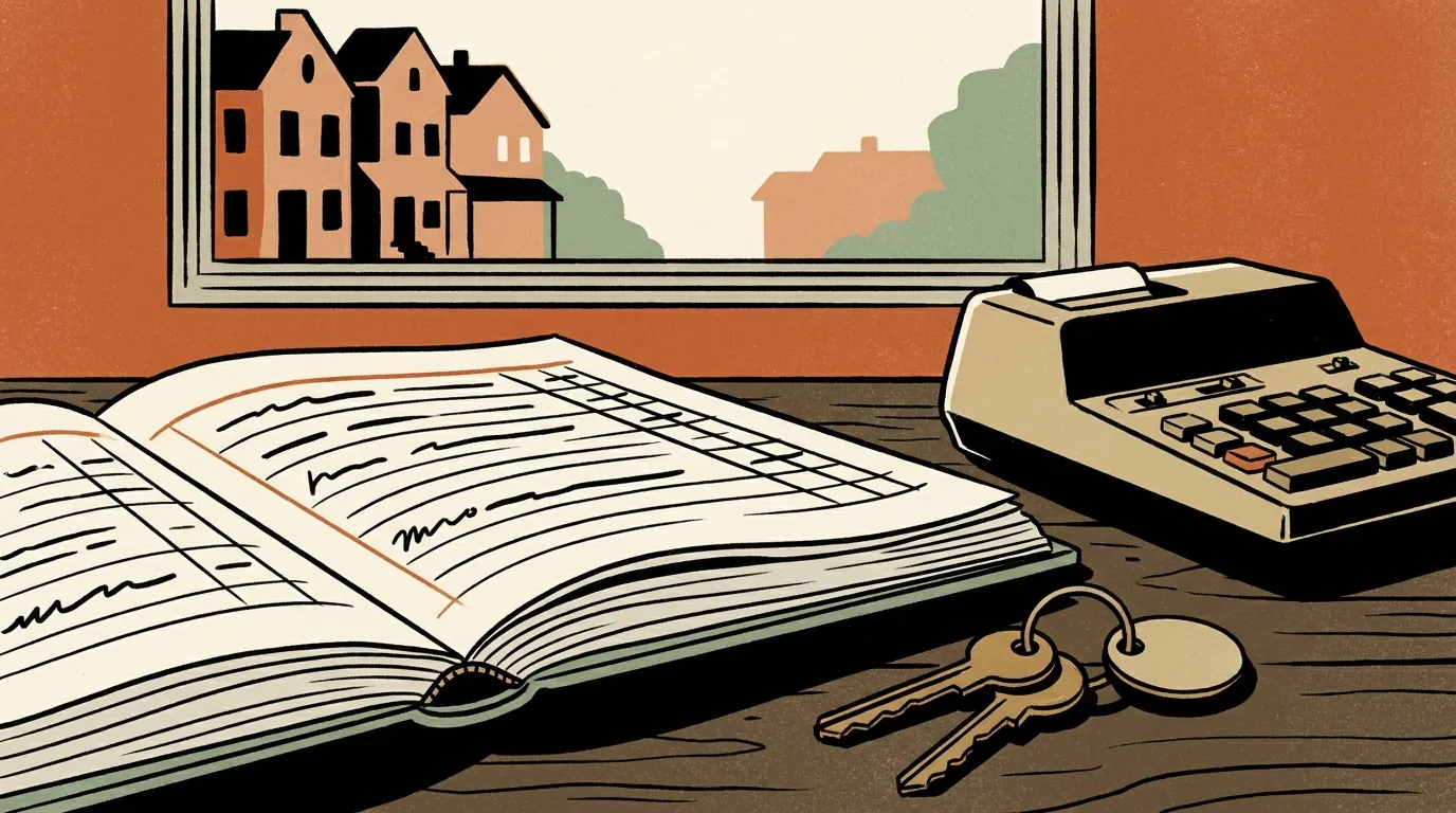A ledger book, a calculator, and brass house keys sit on a wooden dining table in a warm residential home.