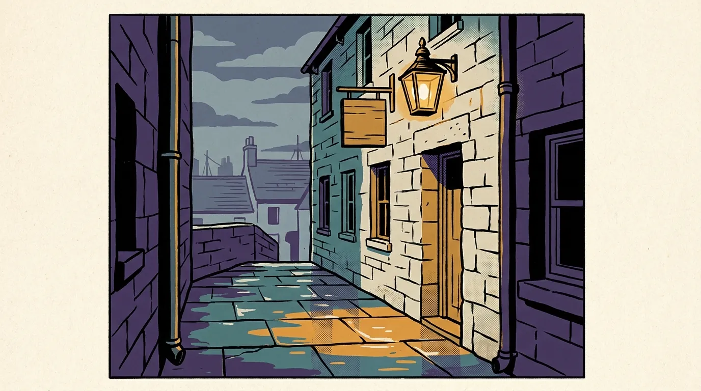 A hanging wooden inn sign on an old stone coastal building illuminated by a brass lantern at twilight.