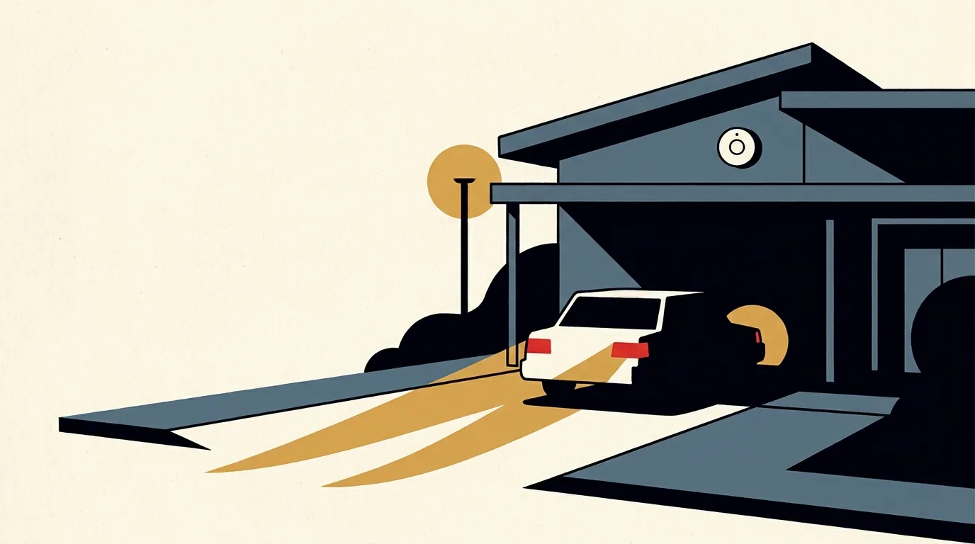 A white private security patrol car parked in the driveway of a residential short-term rental at dusk, with a small white noise sensor mounted under the roof eave.
