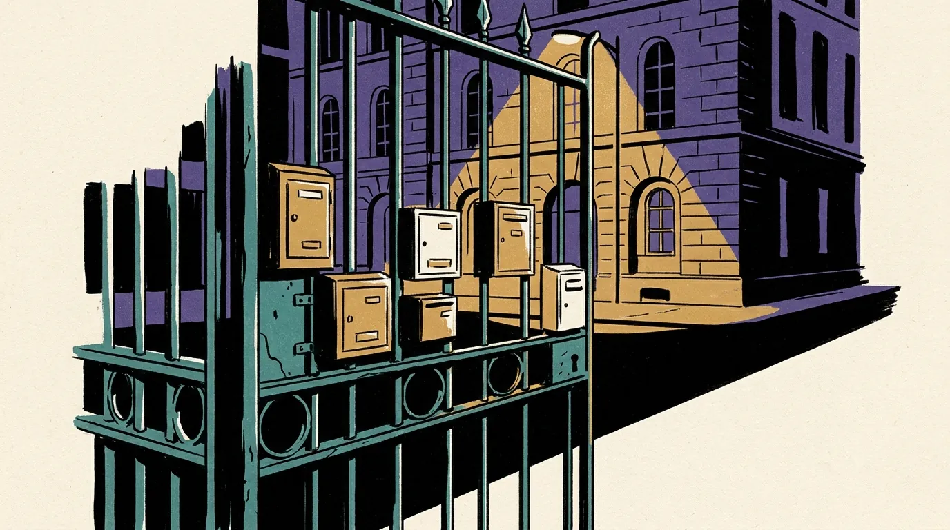 A close-up shot of multiple modern digital key lockboxes attached to a historic metal gate in Athens at night under streetlights.