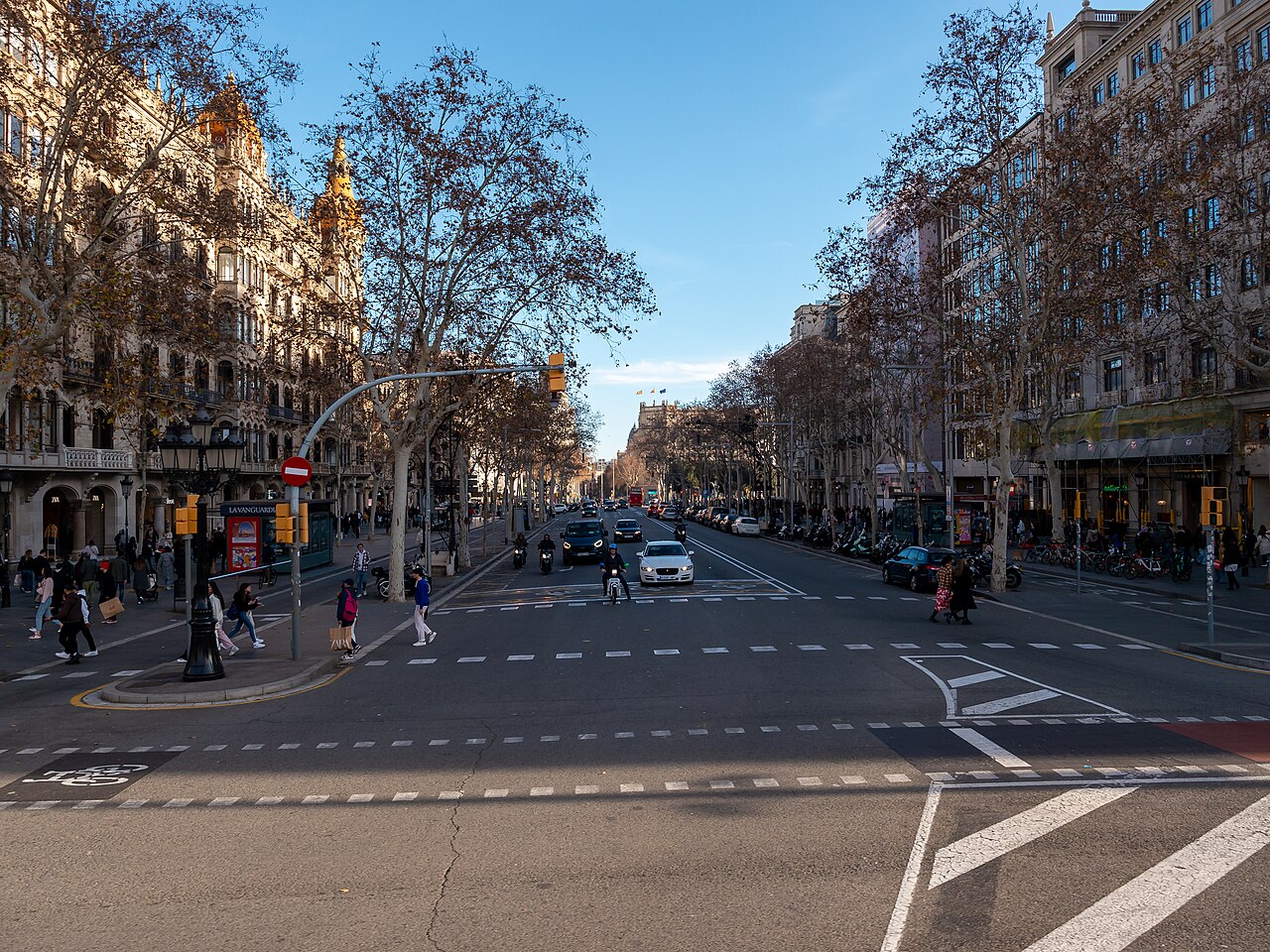 A broad tree-lined avenue runs between tall ornate apartment buildings in low sunlight.
