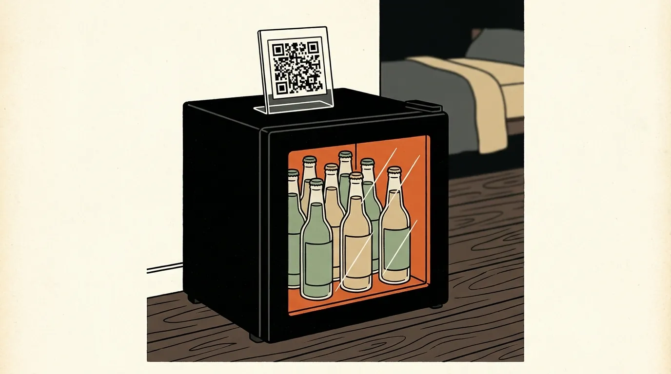 A close-up of a glass-door mini-fridge with drinks inside, topped with a QR code display stand in a guest room.