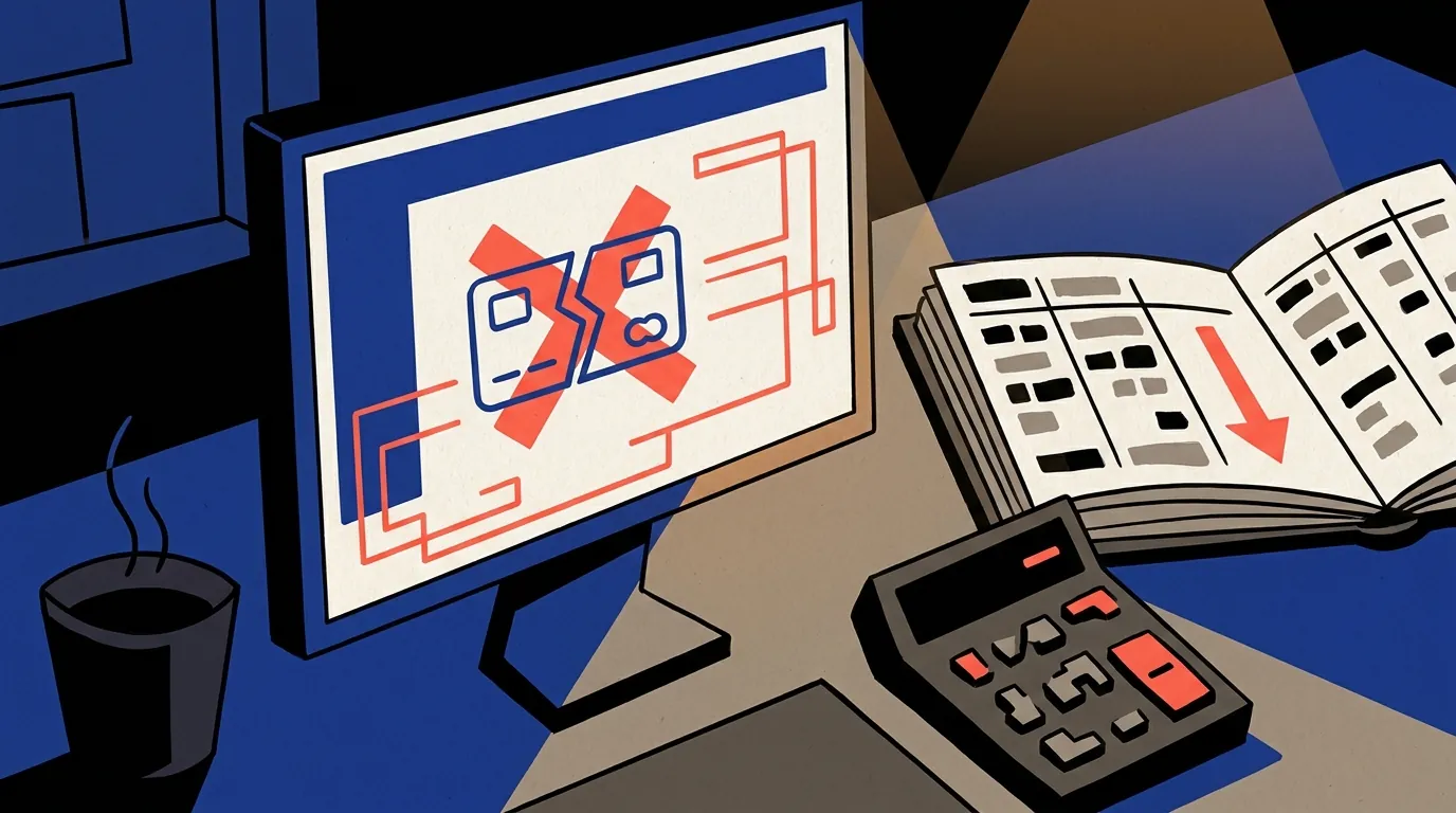 A close-up of a desk with a computer monitor showing a payment error message and financial ledgers.