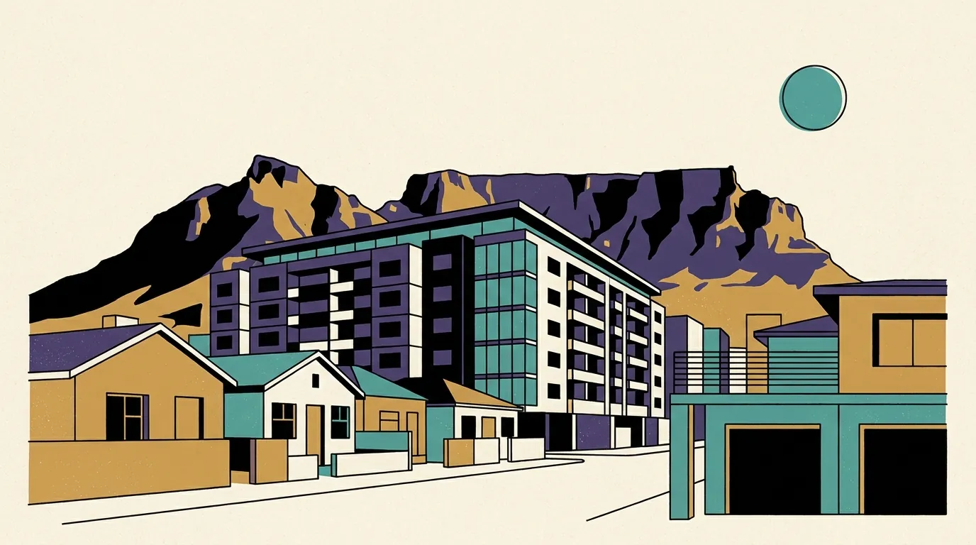 A modern apartment building stands against the backdrop of Table Mountain in Cape Town.
