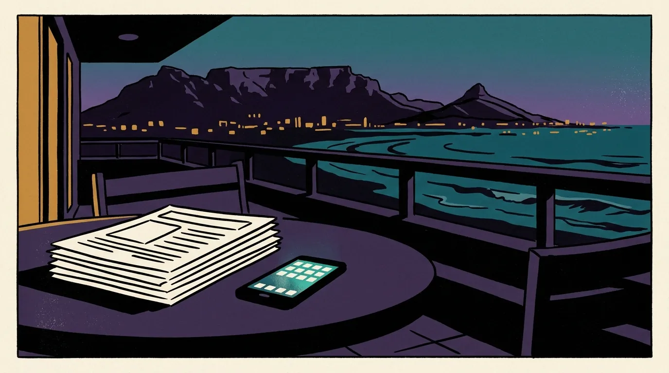 An outdoor table on a Cape Town balcony overlooking the ocean at twilight, holding a pile of municipal utility bills next to a smartphone showing a booking app.