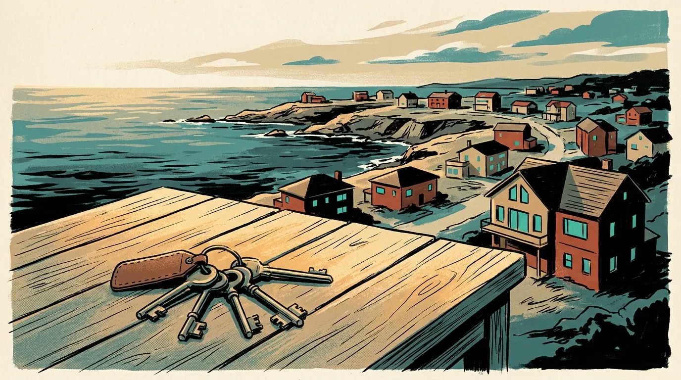 A close-up of a set of keys resting on a rustic wooden table overlooking a coastal town at dusk, with glowing vacation homes in the background.