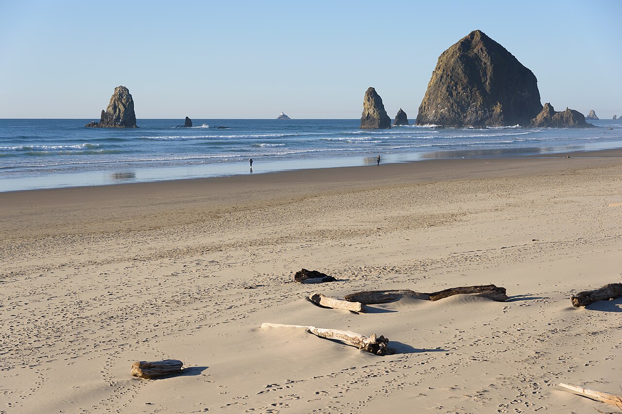 A broad sandy beach with scattered driftwood leads to a large sea stack and smaller rock spires standing in the surf.