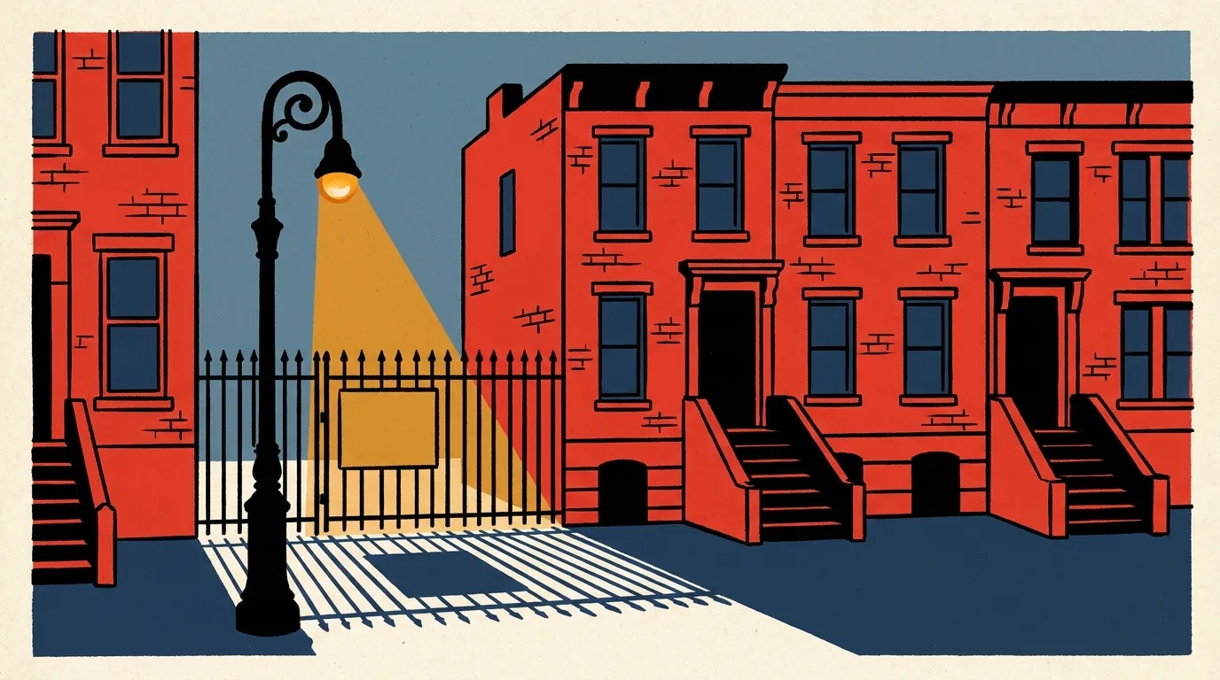 A row of historic residential townhouses at twilight with a discreet for-sale board mounted on an exterior railing.