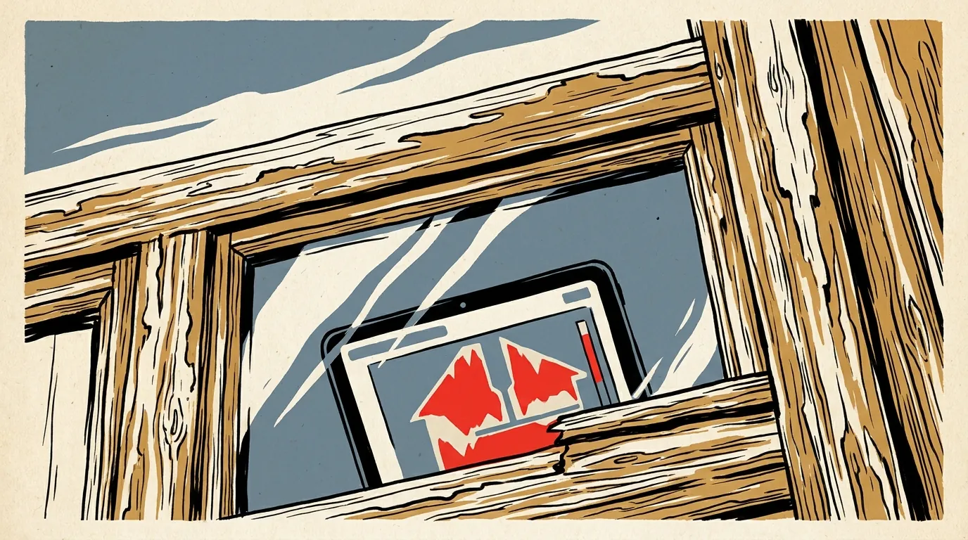 A close-up of a weathered historic window frame reflecting a digital tablet showing a thermal energy audit diagram with red heat loss indicators.