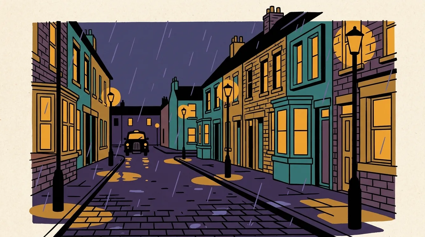 A rainy English city street at dusk, with warm lights from terraced houses reflecting on wet cobblestones.