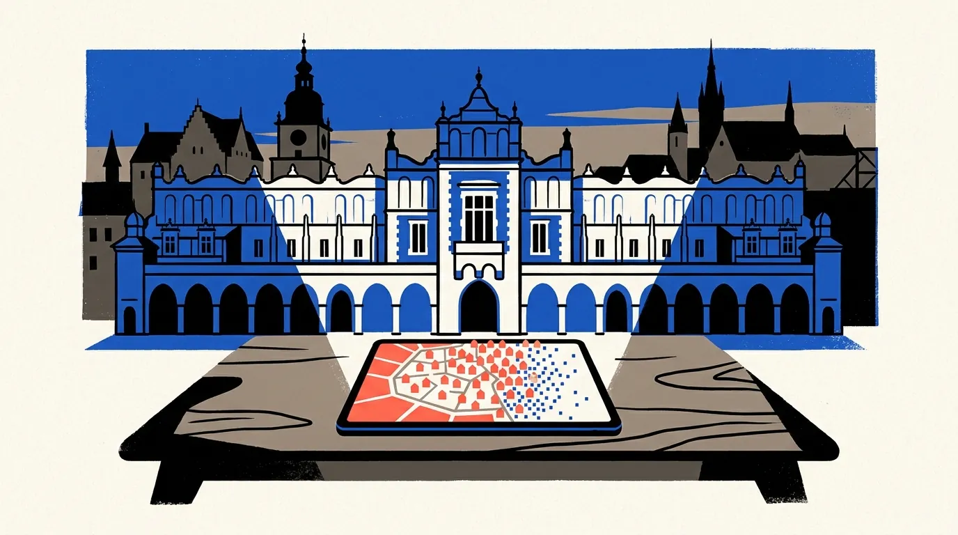 A digital tablet on a dark table displays a glowing map of a European city with dissolving red property pins, set against a historic municipal building at twilight.