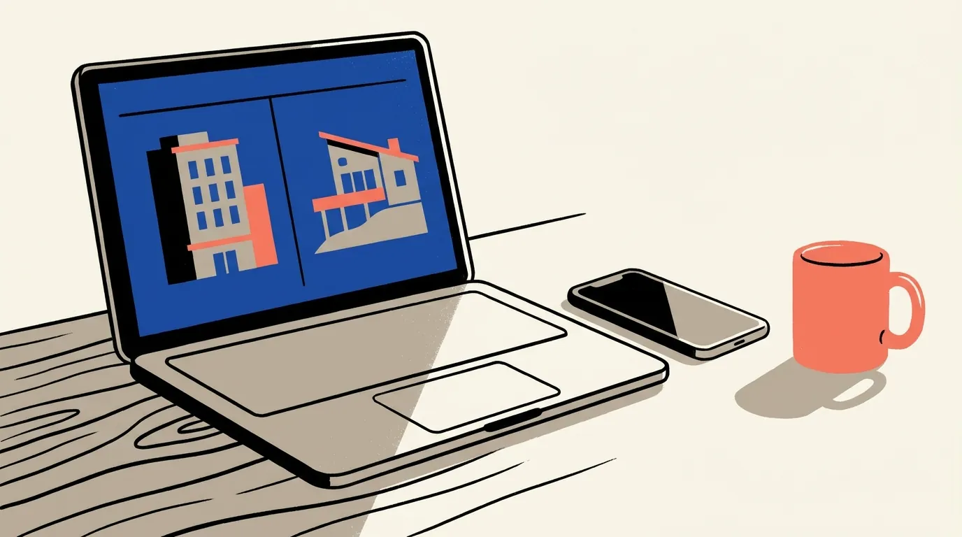A laptop on a wooden table displaying a travel search interface comparing a hotel and a vacation rental side by side.