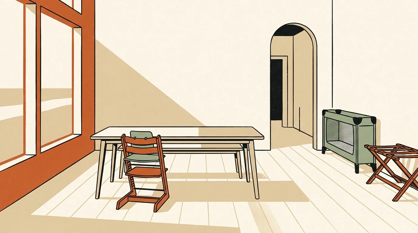 A modern vacation rental dining room with a high chair tucked beside a table and a travel crib visible in the bedroom beyond.