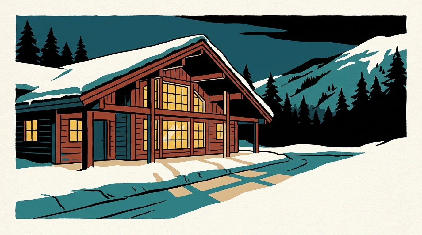 A classic timber-framed ski chalet glows with warm light at twilight amidst deep snow and dark pine trees in New England.