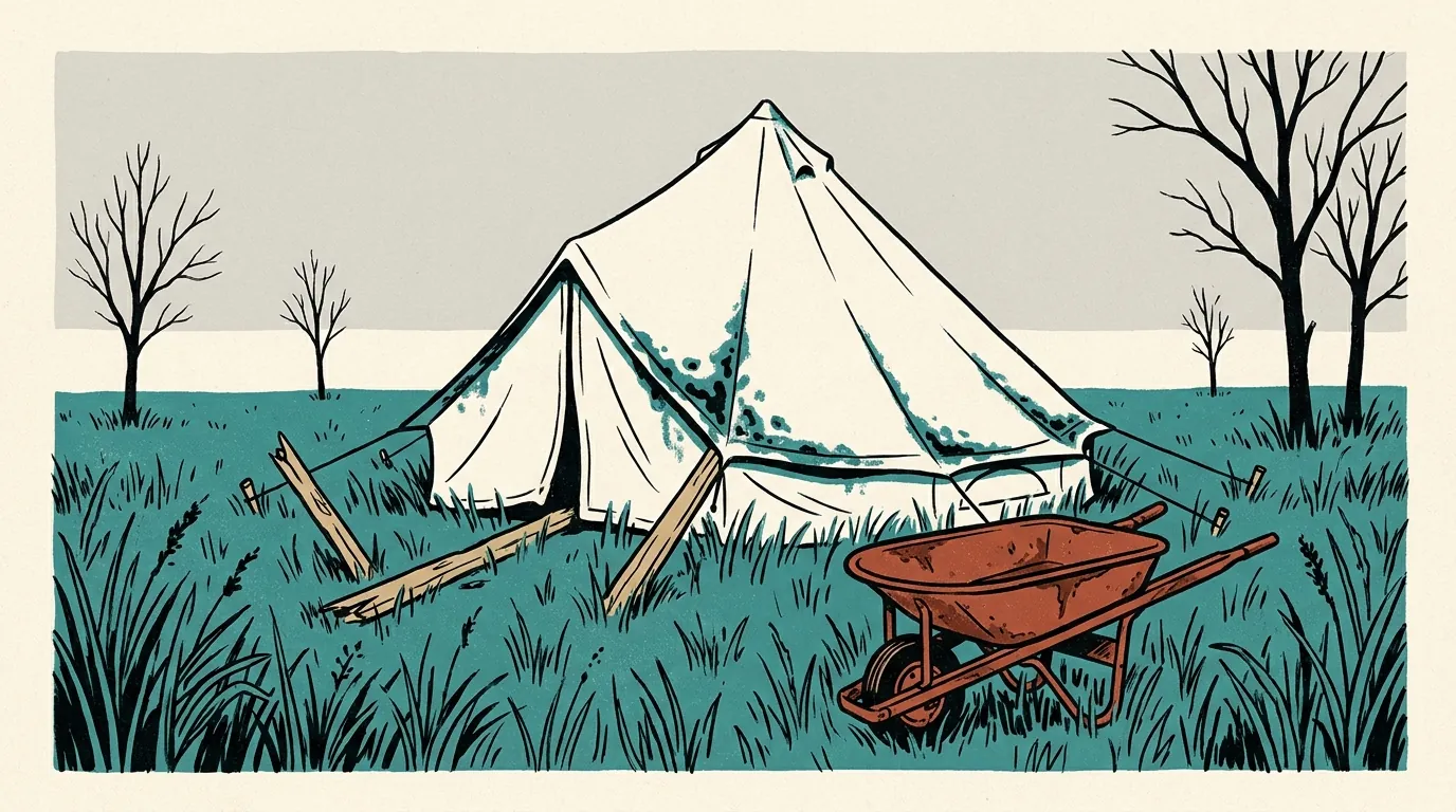 A sagging, stained white canvas bell tent sits abandoned in an overgrown, weedy field under a gray, overcast sky.