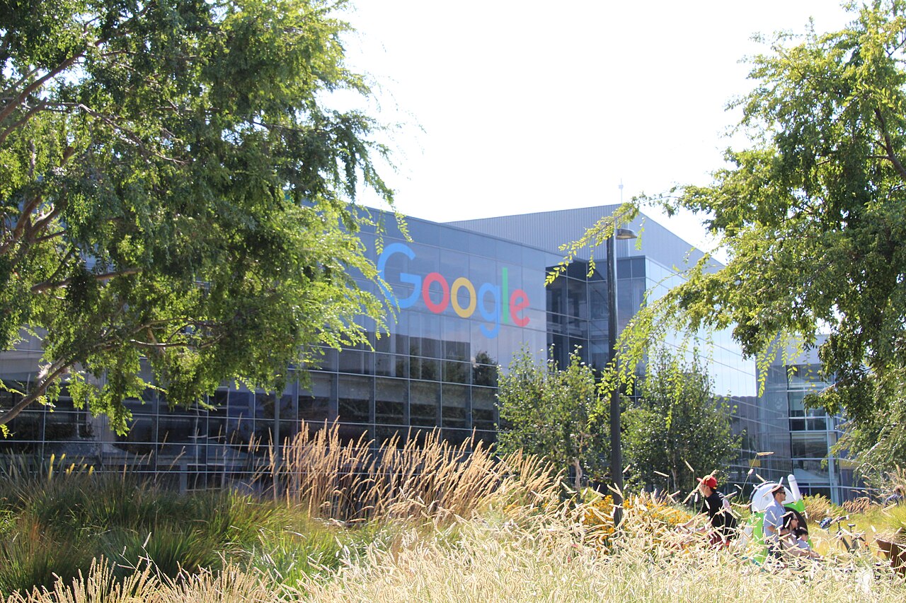 A glass office building with a large multicoloured Google logo, partly hidden by trees and tall grasses.