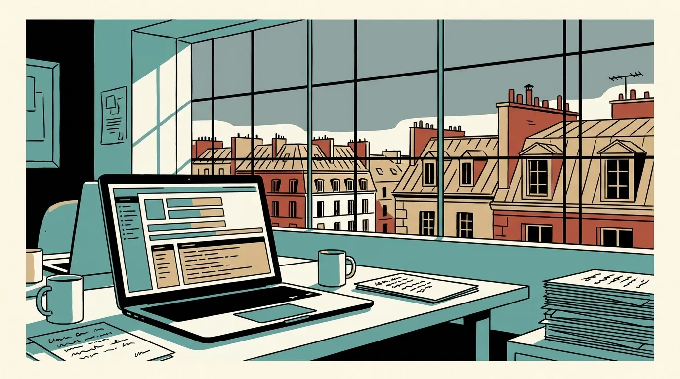 A laptop on a desk showing database migration data with classic Parisian stone rooftops visible through the window in the background.