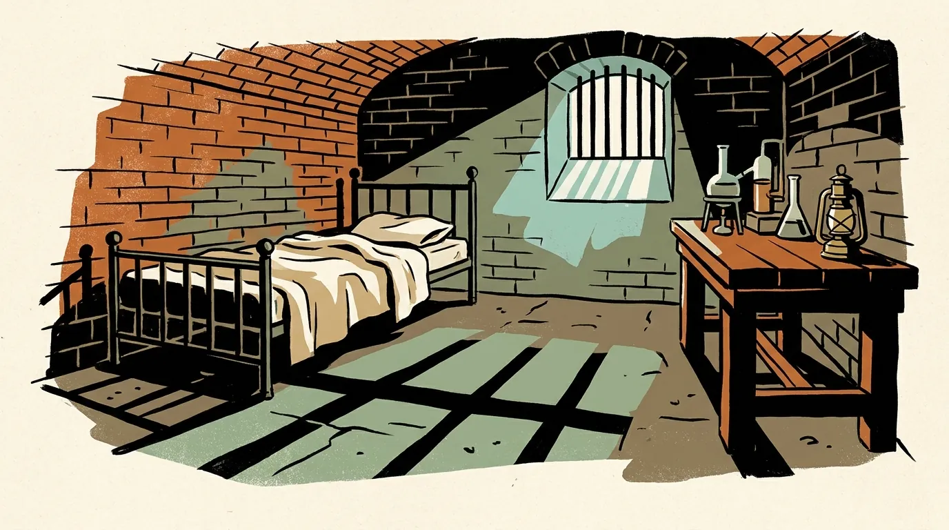 A dimly lit historic room with brick walls, an iron bed, and antique equipment, illuminated by moonlight through a high window.