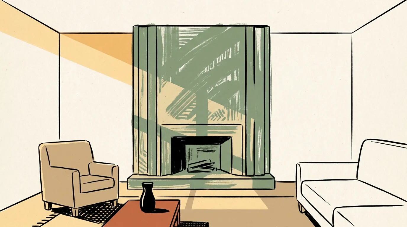 A minimalist living room featuring a dramatic, hand-textured green plaster fireplace wall as the sole focal point.